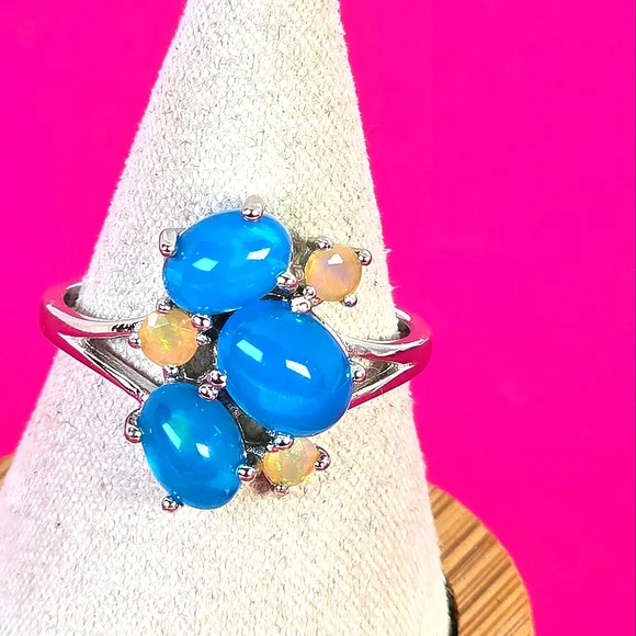 925 Sterling Silver Ring with Natural Oval Blue Opal 8x6mm & Fire Opal Gemstones - Picture 5 of 14